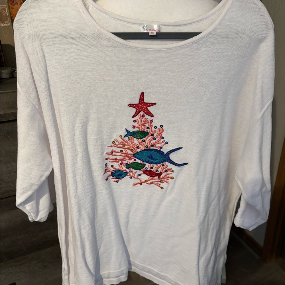 White Christmas Top with Colorful Sea Life Embroidery